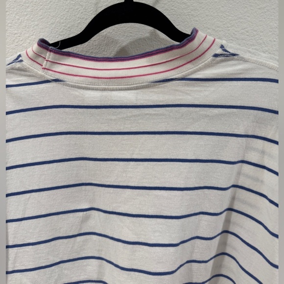 Quiksilver Striped Cropped Crewneck Surf Beach White Blue Pink T-Shirt Large - Picture 10 of 13